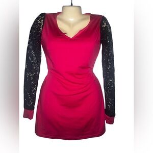 Fitted Pink Mini Dress with Black Lace Sleeves
